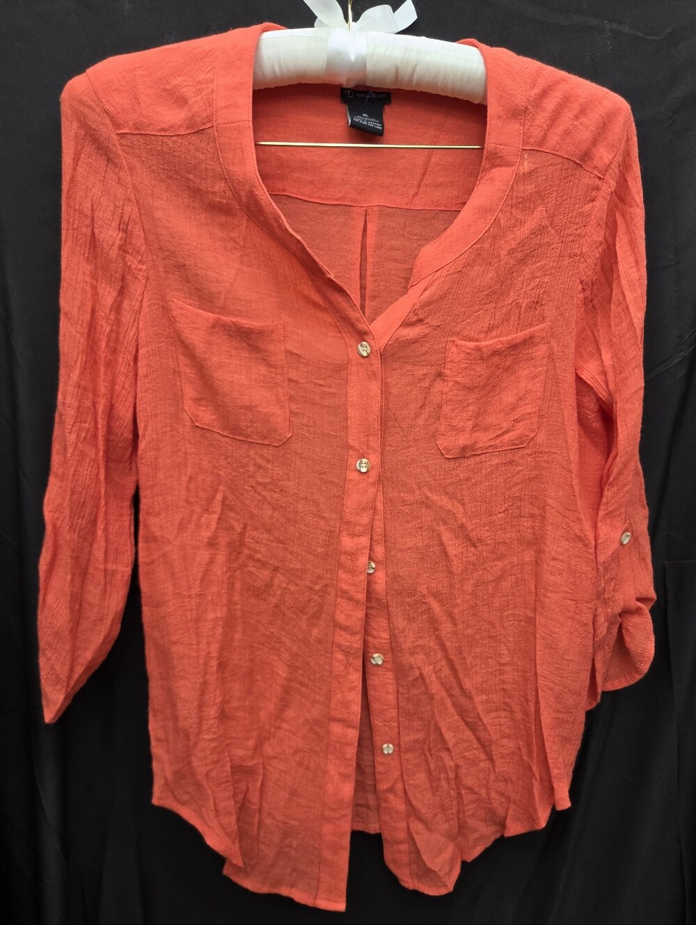 New Directions Coral Orange Rayon Blend Button Down Blouse Roll Tab Sleeve XL